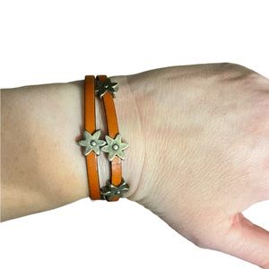Orange Brown Leather Flower Slide Bracelet